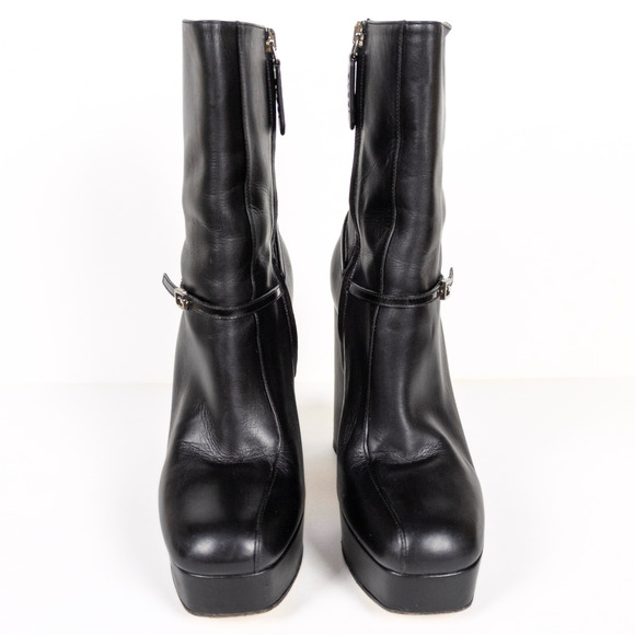 GUCCI Tiarah Black Leather Platform Boots G Logo Square Toe Women's EU 37.5 - Picture 7 of 13